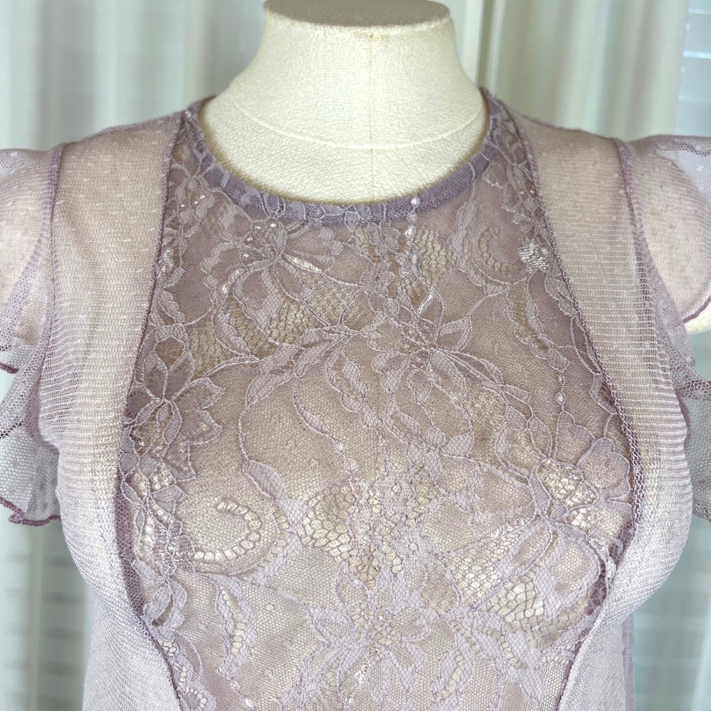 New Look Lace Mesh Ruffle Top Sheer Cap Sleeve Womens Size 8 petite fairy - Picture 2 of 7